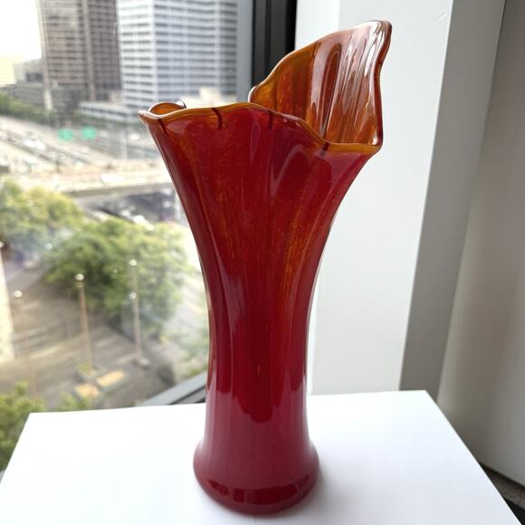 Signed Buchacher 2001 Hand Blown Red Glass Vase 15" Ruffled Rim Contemporary - Picture 1 of 16